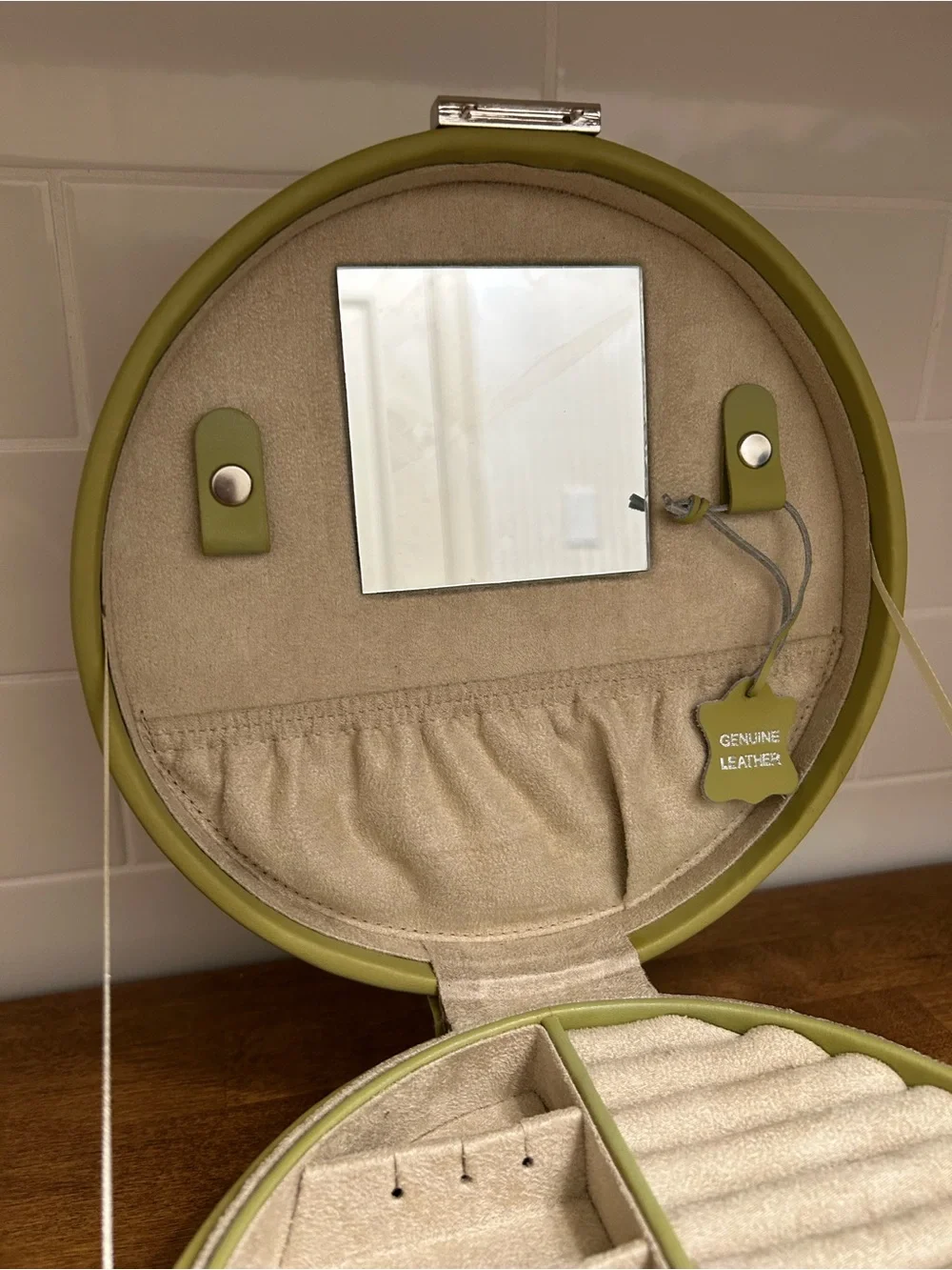 Leather Olive Green Round Jewelry Organizer Case with Mirror